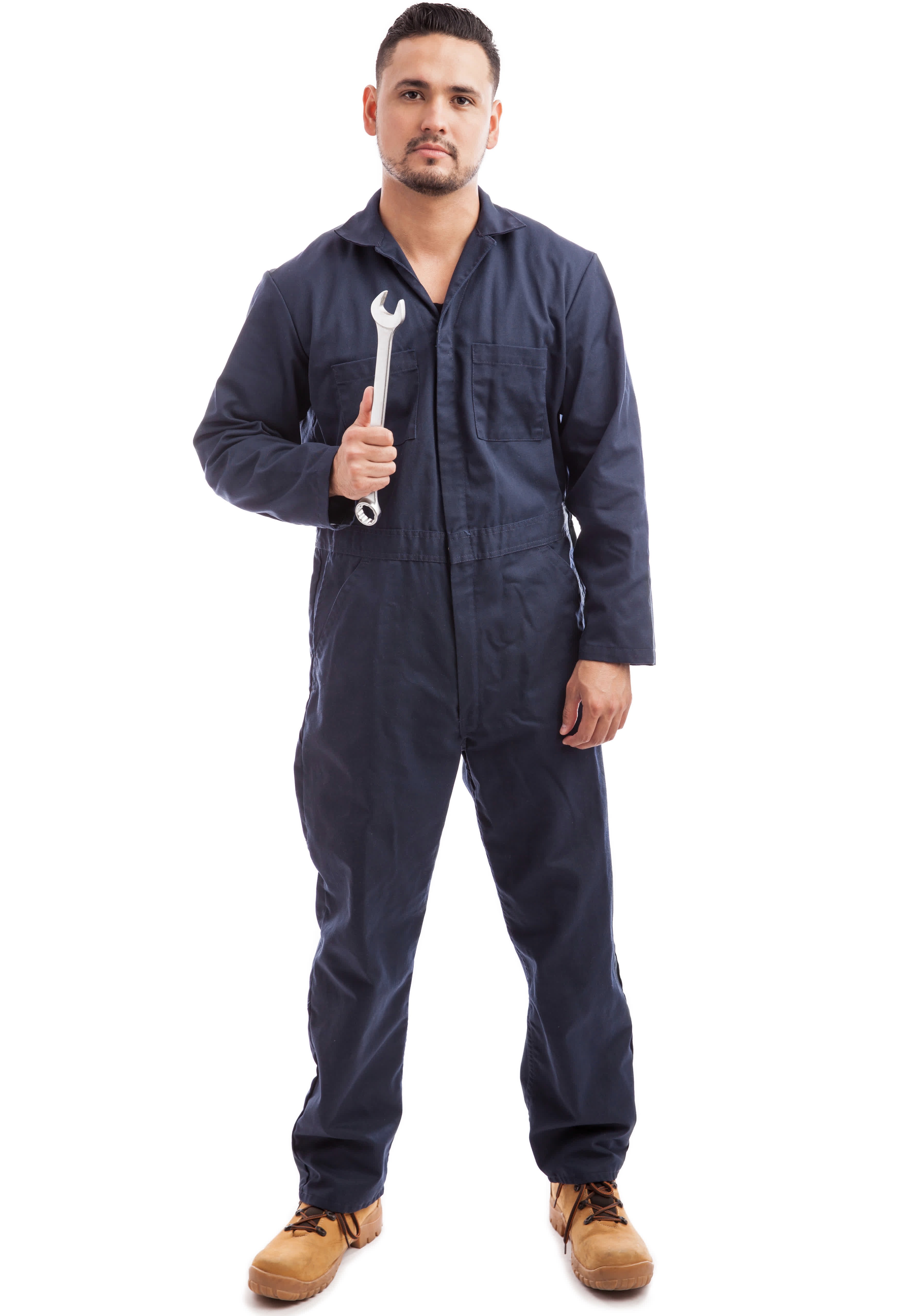 portrait of-a-young-mechanic-wearing-overalls-and-holding-a-wrench-at-work-on-a-white-background